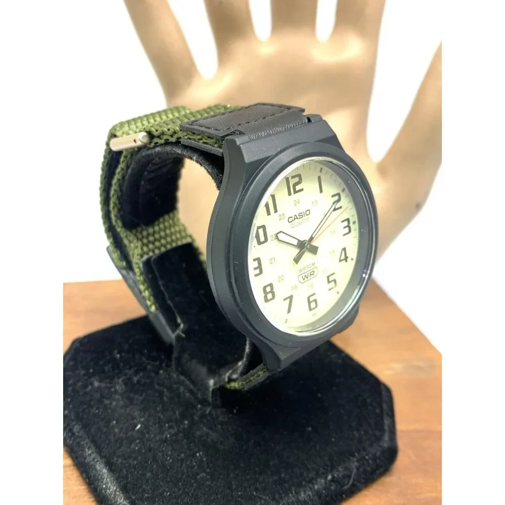 Casio Men's Watch MW240B Analog Quartz Beige Dial 42mm Black Green Nylon Band